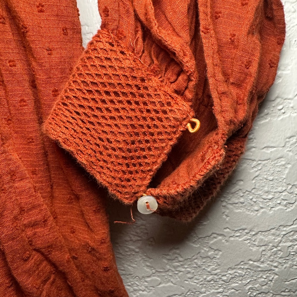 Free People Sugarpie Crochet Mini Dress Deep V Smocked Tie Waist Cinnamon Large - Picture 11 of 15